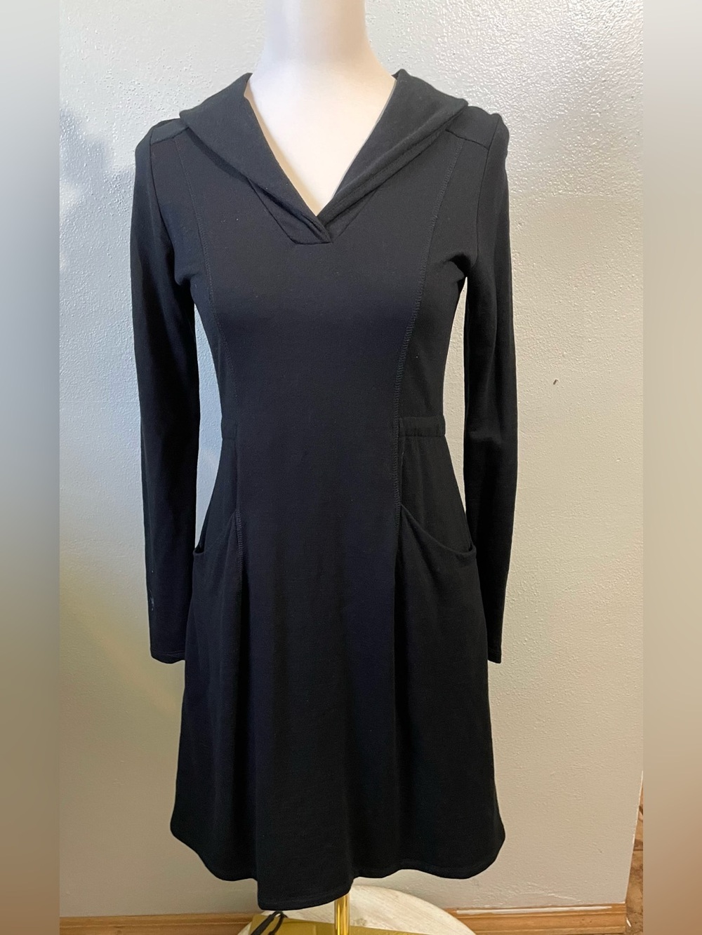 Ibex Black Zque Certified Merino Wool Dress Small Draped Collar Fit Flare Scandi